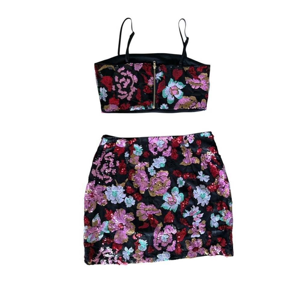 12th Tribe Black Sequin Floral Crop Top & Mini Skirt Set - Picture 8 of 8
